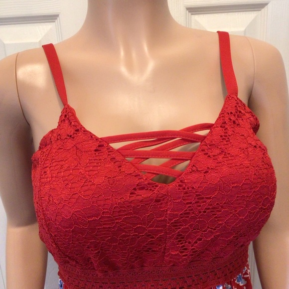 No Boundaries Juniors Red Floral Sleeveless Lace V-Neck Cami Tank Top Size Large - Picture 4 of 9